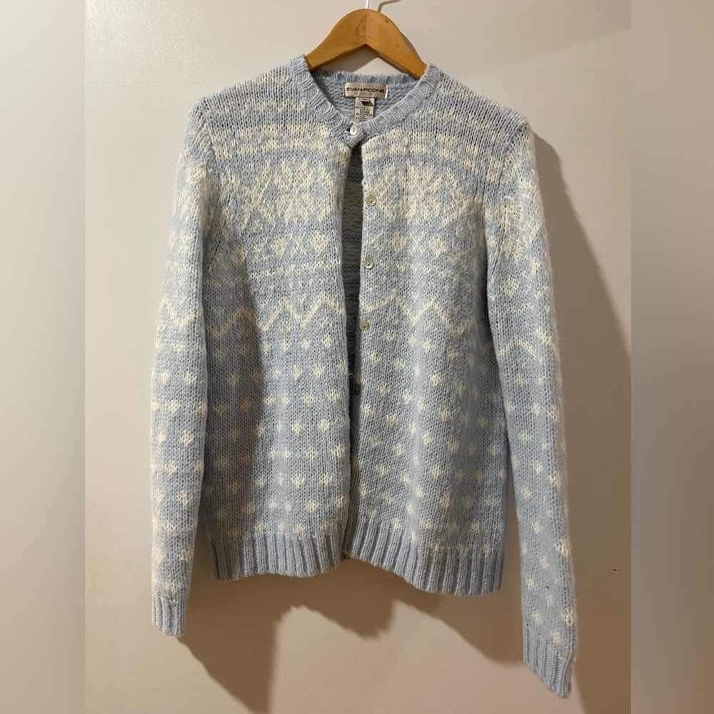 Vintage Y2K Blue White Knit Sweater Cardigan Button Snowflake Mohair Evan Picone